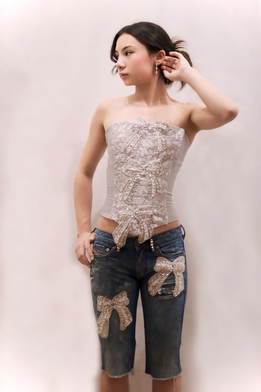 Corset and Distress Jean Shorts - Lorenza