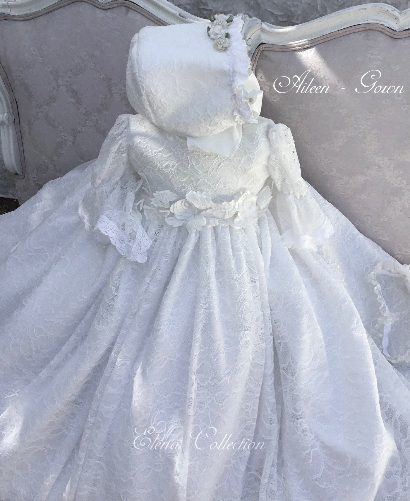 Lace Christening Gown with a Bonnet - Aileen